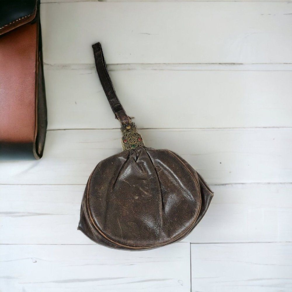 Antique Victorian Edwardian  Purse Handbag Gemstone  LEATHER Bag Original Mirror